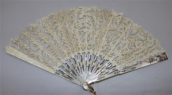 A late 19th century Brussels mixed Bobbin and Needle lace fan with Mother of pearl guards, boxed